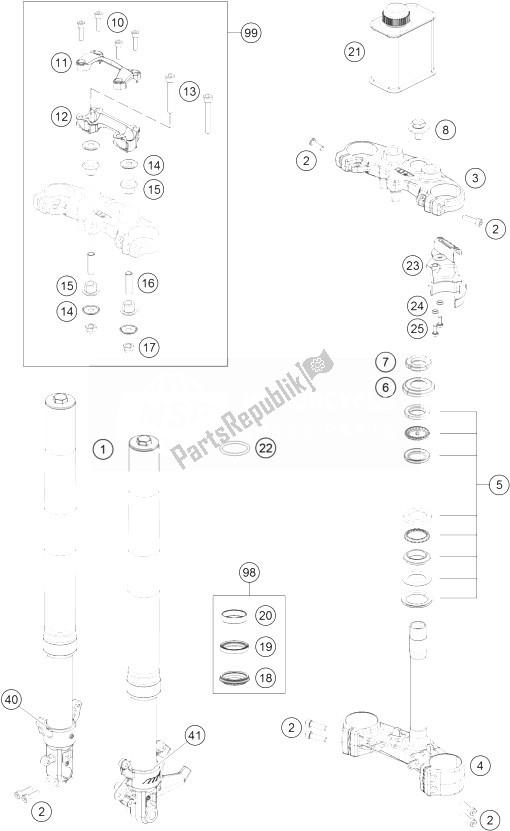 Todas as partes de Garfo Dianteiro, Braçadeira Tripla do KTM 390 Duke Black ABS BAJ DIR 14 Asia 2014