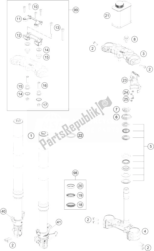 Todas as partes de Garfo Dianteiro, Braçadeira Tripla do KTM 390 Duke White ABS BAJ DIR 14 Asia 2014