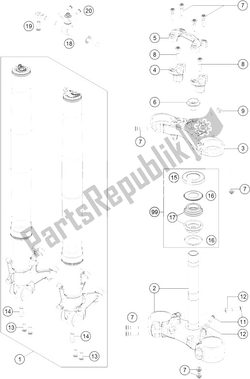 All parts for the Front Fork, Triple Clamp of the KTM 1290 Super Duke GT Grey ABS 16 Japan 2016