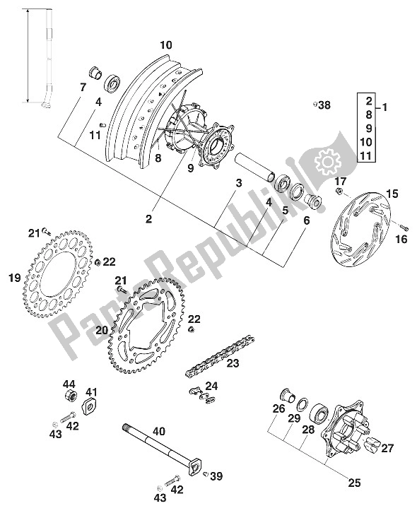 Tutte le parti per il Ruota Posteriore 400/620 Sc Supermoto del KTM 620 SC Super Moto Europe 2000