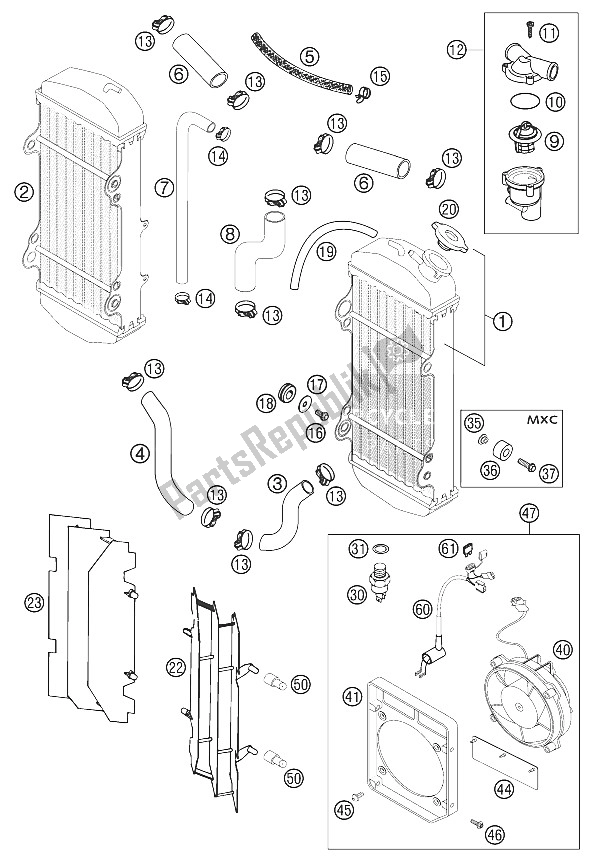 All parts for the Cooling System 400/520 Racing of the KTM 400 MXC Racing USA 2002