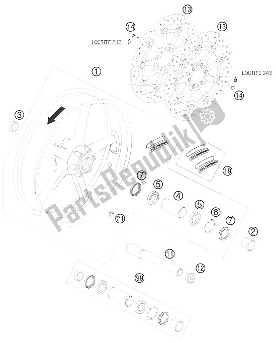 All parts for the Front Wheel of the KTM 990 Super Duke White France 2008