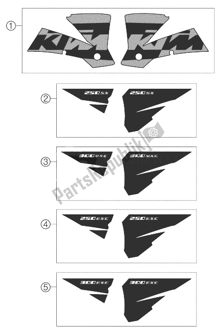 Todas as partes de Decalque 250/300 do KTM 250 EXC Australia 2004