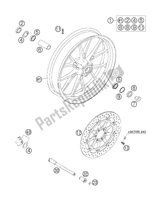 All parts for the Front Wheel Brembo of the KTM 640 Duke II Black Europe 2005