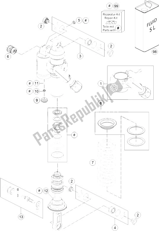 All parts for the Shock Absorber Disassembled of the KTM 1190 Adventure R ABS Japan 2015