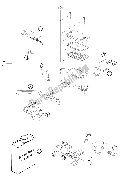 All parts for the Hand Brake Cylinder of the KTM 990 Adventure Orange ABS Australia United Kingdom 2006