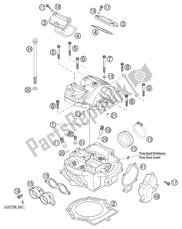 All parts for the Cylinder Head 400/520 Racing of the KTM 520 EXC Racing Europe 2002