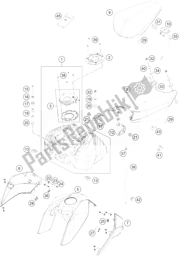 Tutte le parti per il Serbatoio, Sedile, Coperchio del KTM 390 Duke White ABS BAJ DIR 14 USA 2014