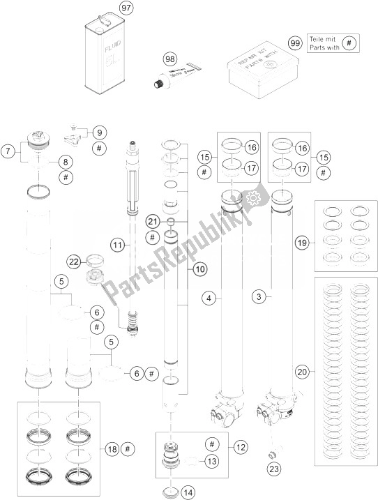 Alle onderdelen voor de Voorvork Gedemonteerd van de KTM Freeride 350 Europe 2014