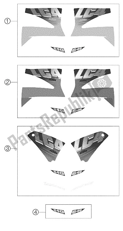 Tutte le parti per il Decal 640 Lc4, Lc4 Sm 2002 del KTM 640 LC 4 E ROT 18L USA 2002