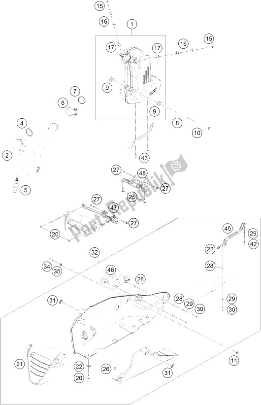 All parts for the Exhaust System of the KTM RC 390 White ABS CKD 15 Brazil 2015