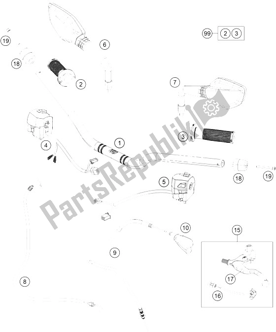 All parts for the Handlebar, Controls of the KTM 390 Duke White ABS CKD Argentina 2016