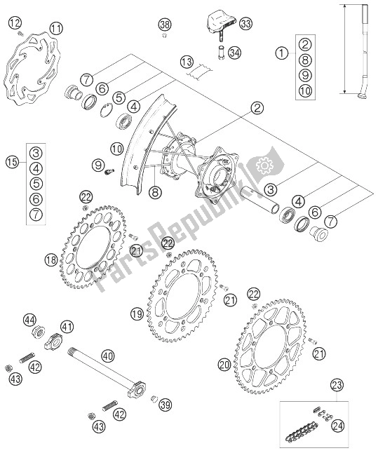 All parts for the Rear Wheel of the KTM 505 SX F Preseries Europe 2007