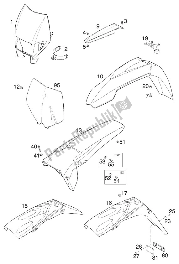 All parts for the Mudguard 400/520 Racing 2000 of the KTM 400 EXC Racing Europe 2001