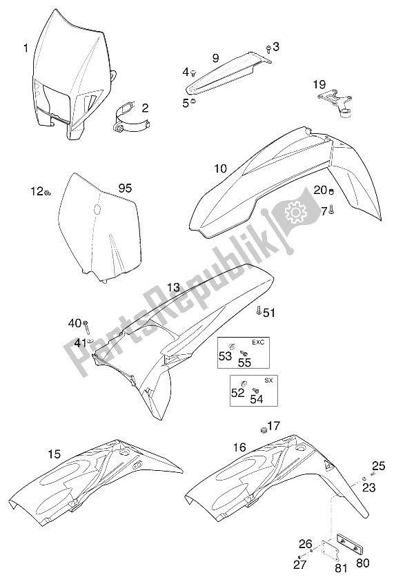 Toutes les pièces pour le Garde-boue 400/520 Racing 2000 du KTM 400 SX Racing USA 2000