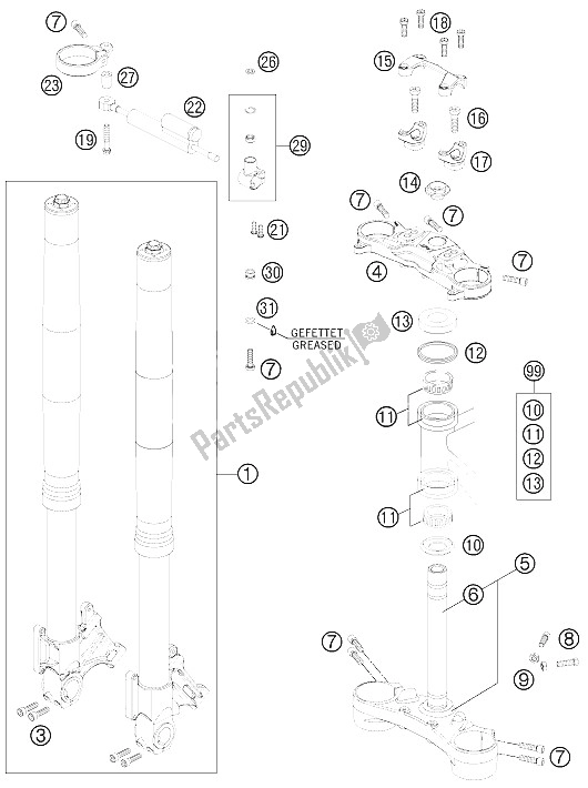 All parts for the Front Fork, Triple Clamp of the KTM 990 Super Duke R Australia United Kingdom 2011