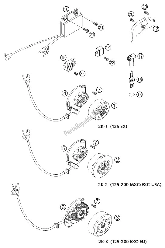 Tutte le parti per il Accensione Kokusan 2k 1 / 2k 2 / 2k- del KTM 125 EXC Europe 2001