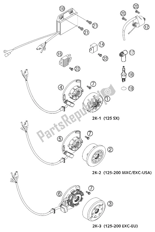 Alle onderdelen voor de Ontsteking Kokusan 2k 1 / 2k 2 / 2k- van de KTM 125 SX Europe 2002