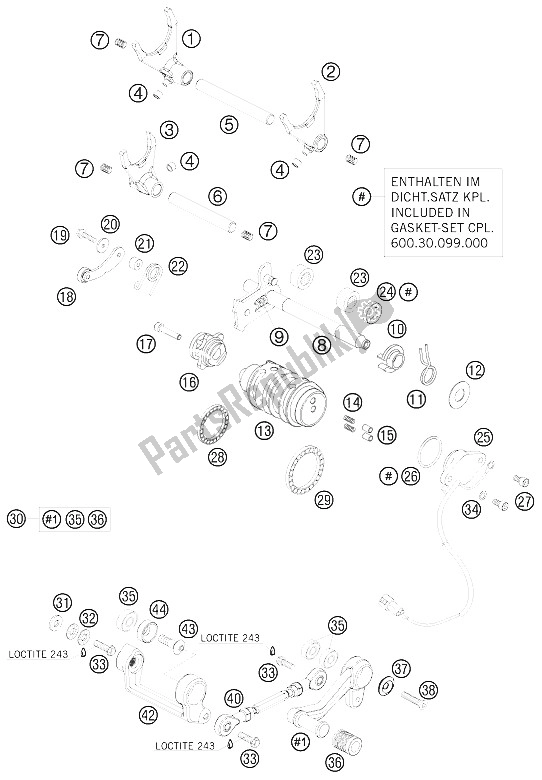 All parts for the Shifting Mechanism of the KTM 990 Super Duke White USA 2008