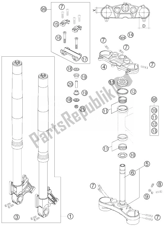 All parts for the Front Fork of the KTM 990 Super Duke Anthrazit 07 France 2007