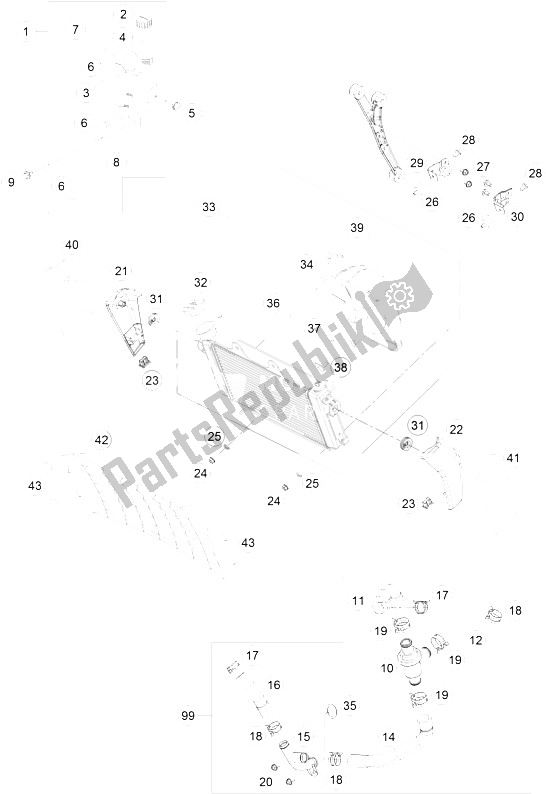 All parts for the Cooling System of the KTM 200 Duke WH W O ABS CKD 15 Argentina 2015