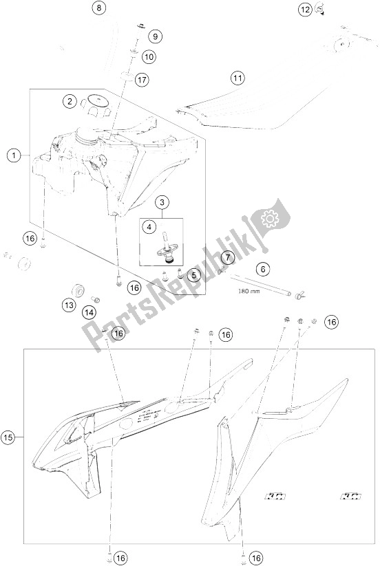 All parts for the Tank, Seat, Covers of the KTM 50 SXS 2016