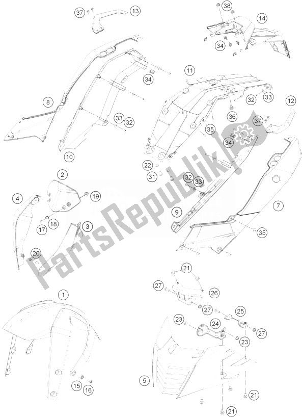 All parts for the Mask, Fenders of the KTM 390 Duke White ABS BAJ DIR 13 Europe 2013