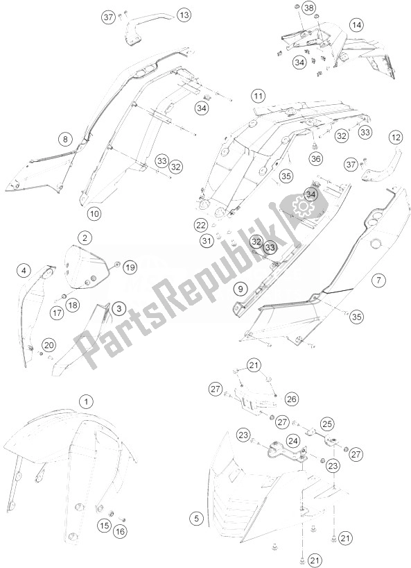 Alle onderdelen voor de Masker, Spatborden van de KTM 390 Duke White ABS BAJ DIR 14 Asia 2014