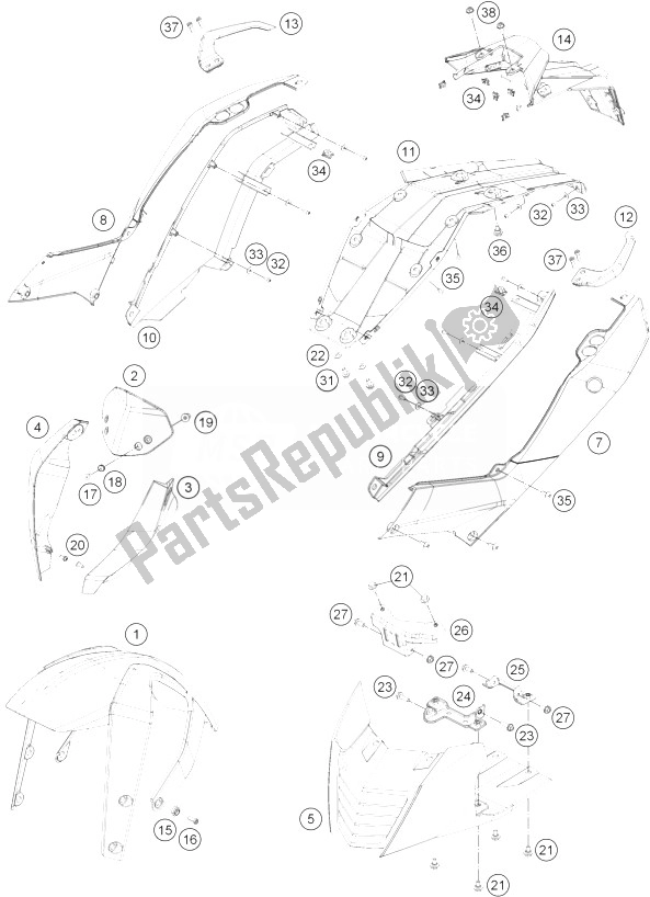 Alle onderdelen voor de Masker, Spatborden van de KTM 390 Duke White ABS BAJ DIR 14 Europe 2014