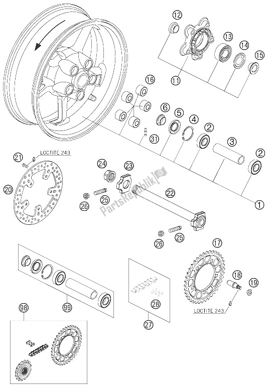 Todas as partes de Roda Traseira do KTM 990 Superduke Black France 2005