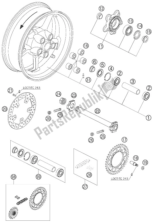 Todas as partes de Roda Traseira do KTM 990 Superduke Black Japan 2005