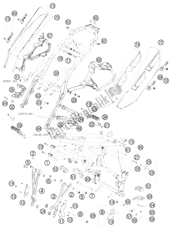 All parts for the Frame of the KTM 990 Supermoto T Silver Australia United Kingdom 2009
