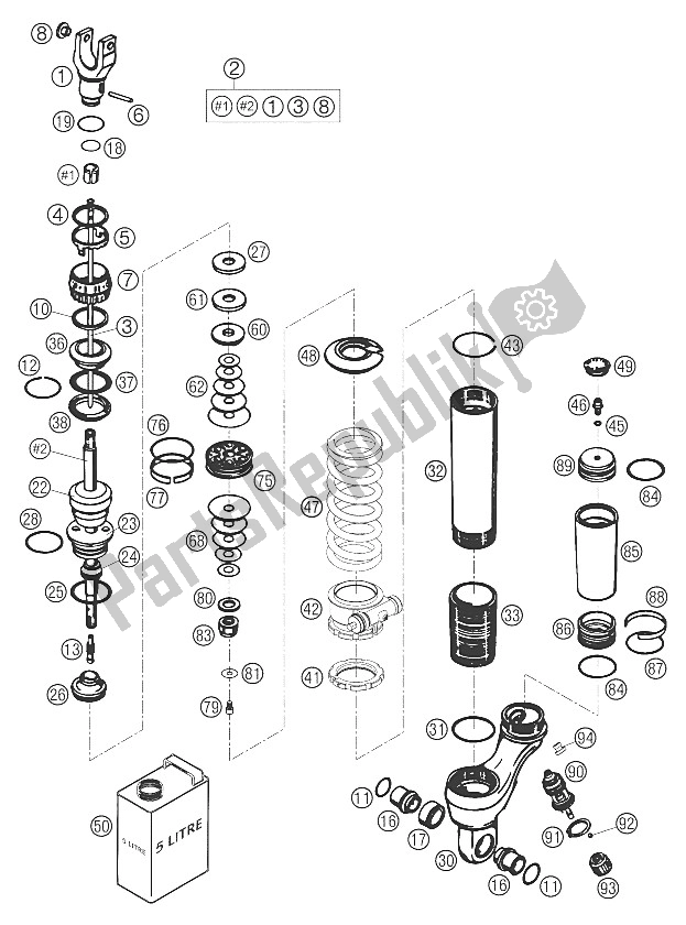 All parts for the Shock Absorber Disassembled of the KTM 400 LS E MIL Europe 2005