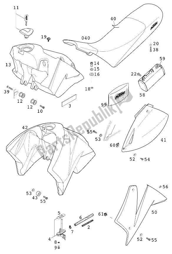 Todas las partes para Tanque - Asiento - Cubierta Lc4 Usa 2 de KTM 640 LC 4 Silber USA 2000