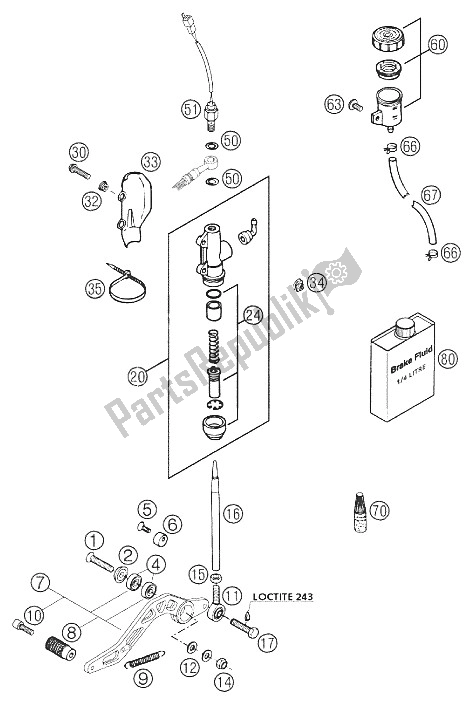 All parts for the Rear Brake Operating System Du of the KTM 640 Duke II Orange USA 2002