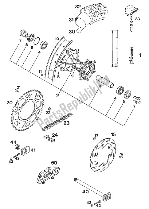 Alle onderdelen voor de Achterwiel 125/500/550 ? 93 van de KTM 125 E XC USA 1994