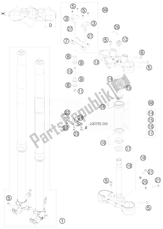 All parts for the Front Fork, Triple Clamp of the KTM 990 Adventure Orange ABS 10 Australia United Kingdom 2010