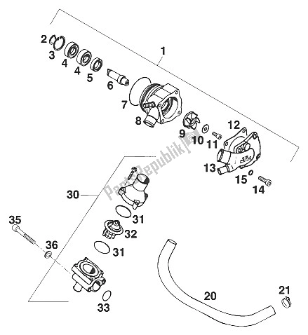 Alle onderdelen voor de Mech. Waterpomp Lc4'94 van de KTM 400 Duke 20 KW Europe 1994