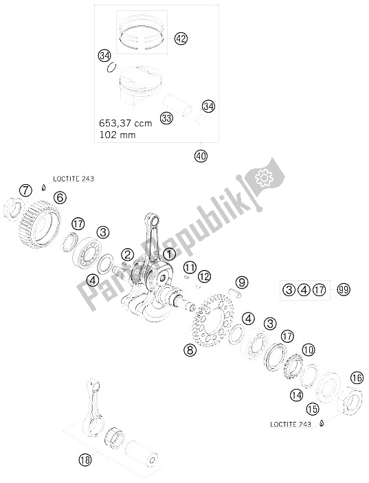 All parts for the Crankshaft, Piston of the KTM 690 Duke Orange USA 2009