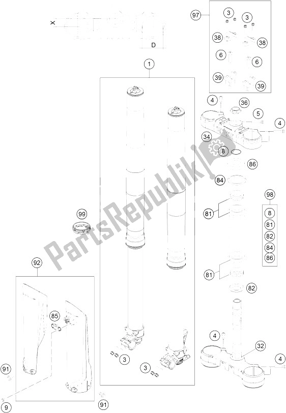 All parts for the Front Fork, Triple Clamp of the KTM 350 EXC F CKD Brazil 2016