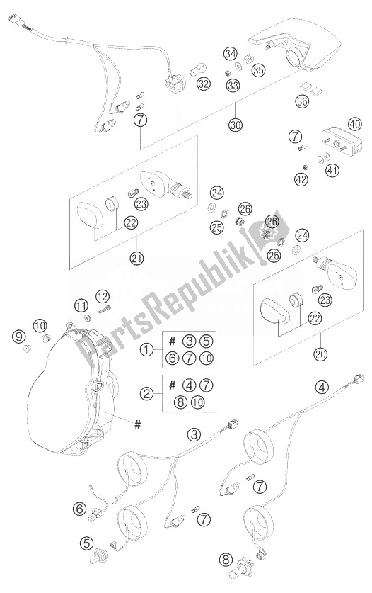 All parts for the Head Light, Flasher, Taillight of the KTM 950 Adventure Black LOW Europe 2004