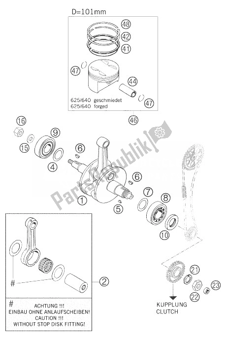 All parts for the Crankshaft, Piston of the KTM 625 SXC Europe 2007