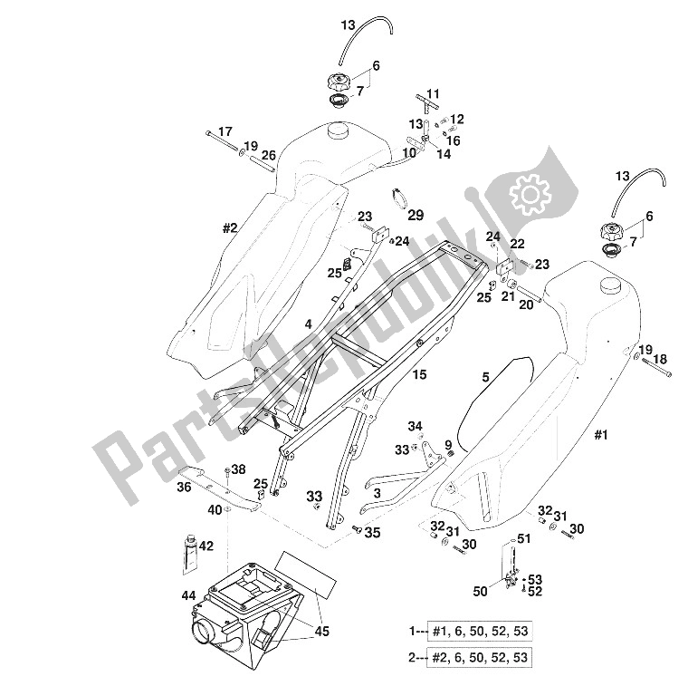 All parts for the Extra Fuel Tanks - Subframe - Air Filter Box of the KTM 640 LC4 Rallye Europe 1997