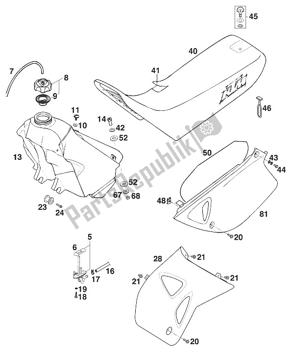 All parts for the Tank - Seat - Cover Sx,sc '96 of the KTM 620 Super Comp 4T Europe 1996