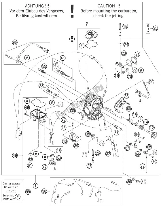 All parts for the Carburetor of the KTM 530 EXC Australia United Kingdom 2009