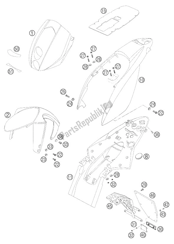 All parts for the Mask, Fenders of the KTM 640 Duke II Limited ED Europe 2006