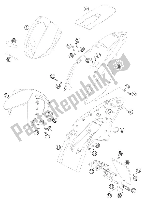 All parts for the Mask, Fenders of the KTM 640 Duke II Red Europe 2005