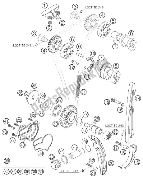 Alle onderdelen voor de Timing Aandrijving van de KTM 250 EXC F Europe 2007