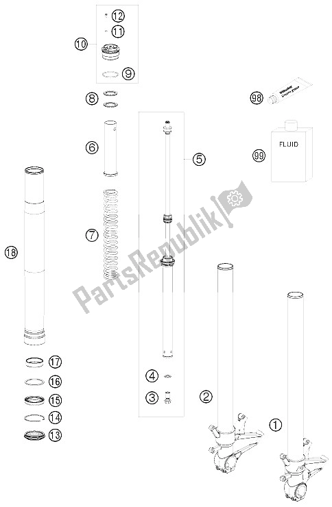 Alle onderdelen voor de Voorvork Gedemonteerd van de KTM 1190 RC 8 USA 2009