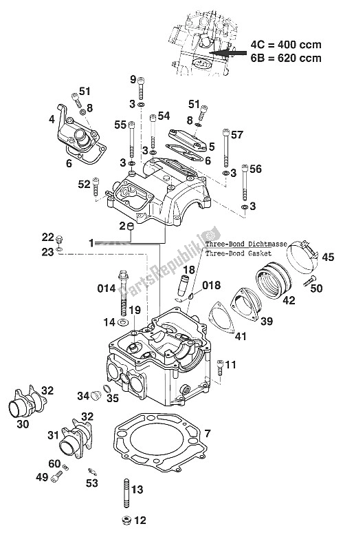 Tutte le parti per il Testata 400-620 Lc4 200 del KTM 620 SC Super Moto Europe 2000